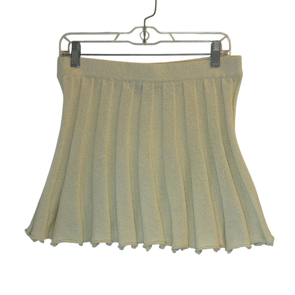 Free People Beach Knit Mini Skirt Large Cream Pleated Ribbed Textured Stretch